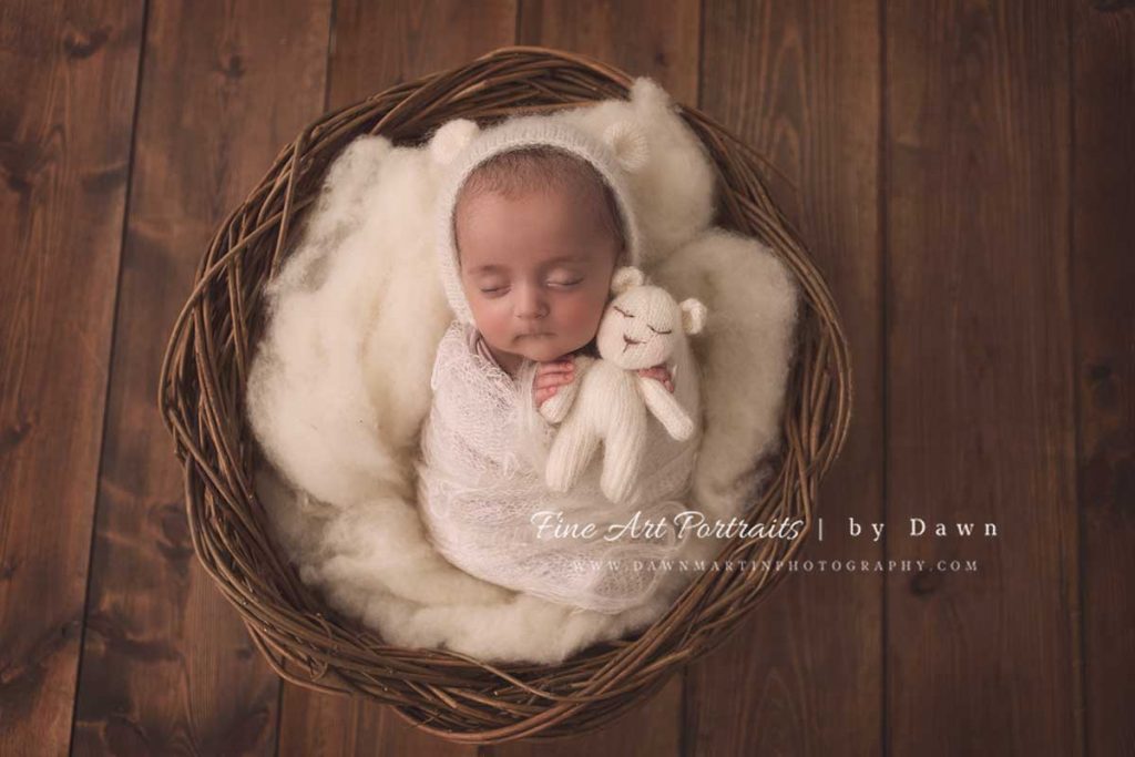newborn girl in wooden nest